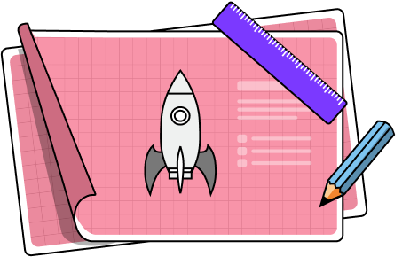 Ilustração: prancheta de projeto com foguete, régua e lápis